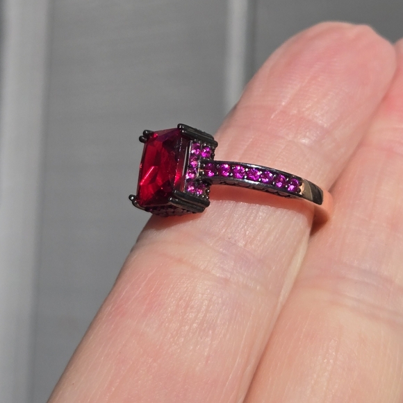 emerald cut ruby Sterling rhodium & gold ring Sz8 - Picture 7 of 8